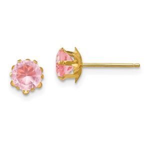Kids 5mm Synthetic Pink Tourmaline Birthstone 14k Gold Stud Earrings